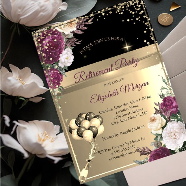 Burgundy Flowers,Diamonds Ballons Pension Party Inbjudningar (Skapare uppladdad)