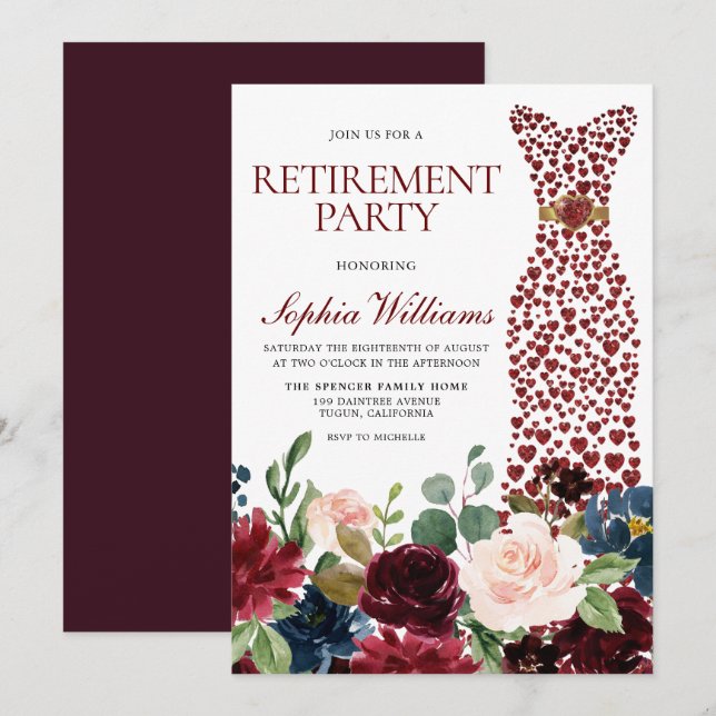 Burgundy  Flowers Dress Pension Party Inbjudningar (Fram/baksida)