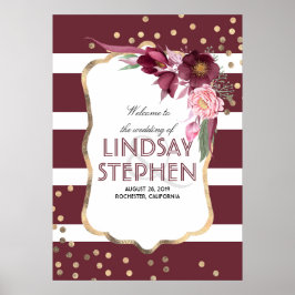 Burgundy Flowers Elegant Guld Dots Bröllop Välkomm Poster