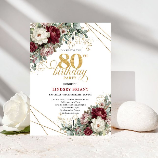 Burgundy Flowers Eucalyptus Gold 80th Birthday Inbjudningar (Burgundy Flowers Eucalyptus Gold 80th Birthday)