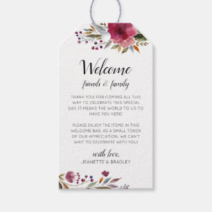 Burgundy Flowers Fall Wedding Välkommen Basket Presentetikett