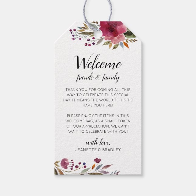 Burgundy Flowers Fall Wedding Välkommen Basket Presentetikett (Framsidan)
