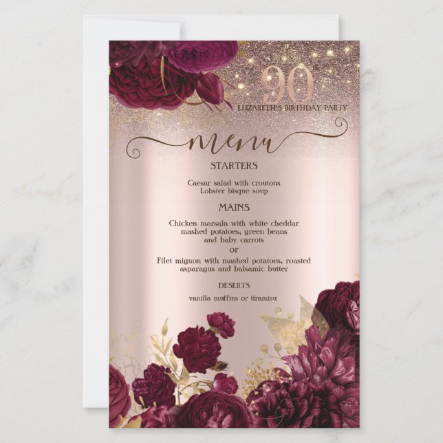 Burgundy Flowers Glitter 90th Birthday Menu Card (Framsida)