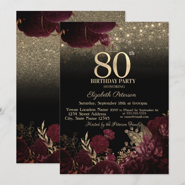 Burgundy Flowers Glitter Black 80:e födelsedagen Inbjudningar (Fram/baksida)