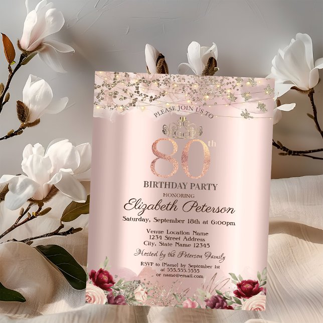 Burgundy Flowers Glitter Gräns Ro Guld 80:E Inbjudningar (Skapare uppladdad)