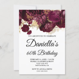 Burgundy Flowers Gold Foil Glam 60:e födelsedagen Inbjudningar