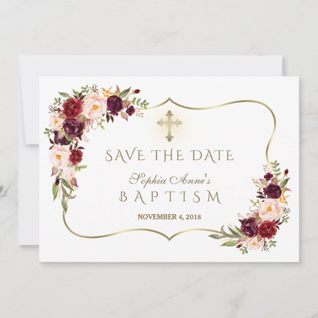 Burgundy  Flowers Guld Girl Baptism Spara Datumet (Framsida)