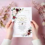 Burgundy  Flowers Guld Glitter Bröllop Inbjudningar<br><div class="desc">Unik utformning och elegant med burg rosa,   blommor,  vattenfärgade blommor bouquets,  faux guld glitter brutet ram,  konetti,  blommigt divider; på den bakre blommigten bouquet på havsblå bakgrund. Matchande objekt finns i min  blomstersamling i Vår.</div>