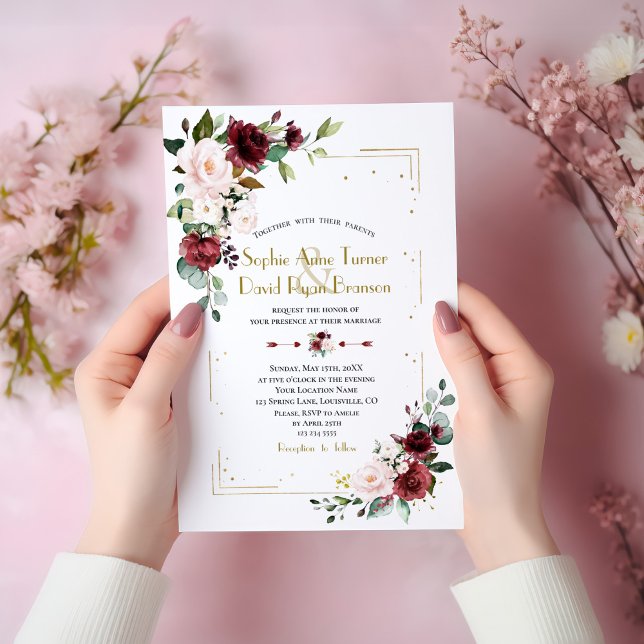 Burgundy  Flowers Guld Glitter Bröllop Inbjudningar (Skapare uppladdad)