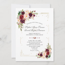 Burgundy Flowers Guld Glitter Ram Bröllop Inbjudningar