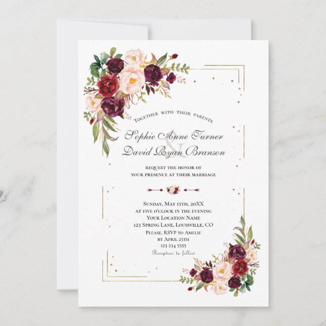 Burgundy Flowers Guld Glitter Ram Bröllop Inbjudningar (Framsida)