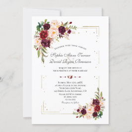 Burgundy Flowers Guld Glitter Ram Bröllop Inbjudningar