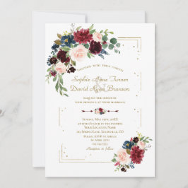 Burgundy Flowers Guld Glitter Ram flottan Bröllop Inbjudningar