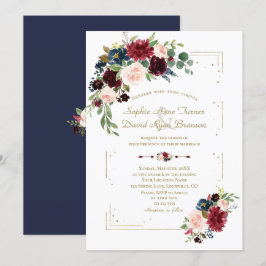 Burgundy Flowers Guld Glitter Ram flottan Bröllop Inbjudningar
