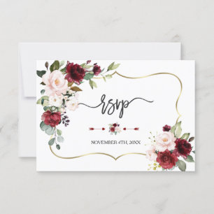 Burgundy Flowers Guld Ram Bröllop OSA Kort