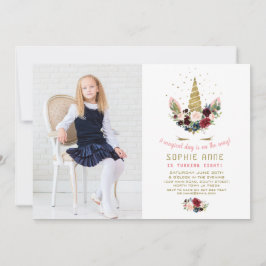 Burgundy  Flowers Guld Unicorn Photo Birthday Inbjudningar