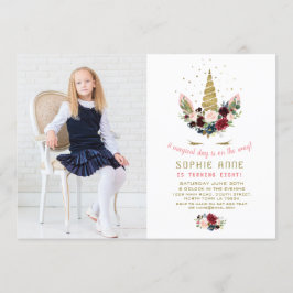 Burgundy Flowers Guld Unicorn Photo Birthday Inbjudningar