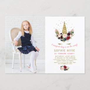 Burgundy Flowers Guld Unicorn Photo Birthday Inbjudningar