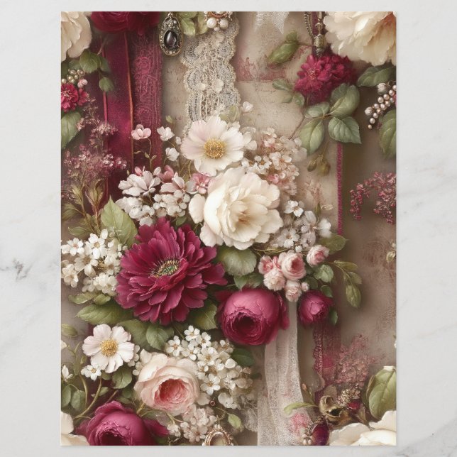 Burgundy Flowers Junk Journal Scrapbook Paper (Framsida)