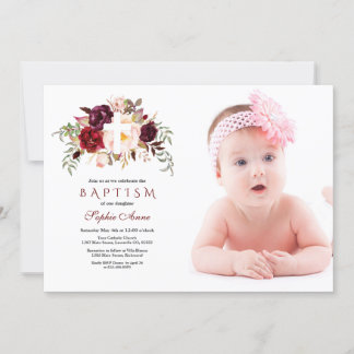 Burgundy  Flowers Kor Photo Baptism Inbjudningar