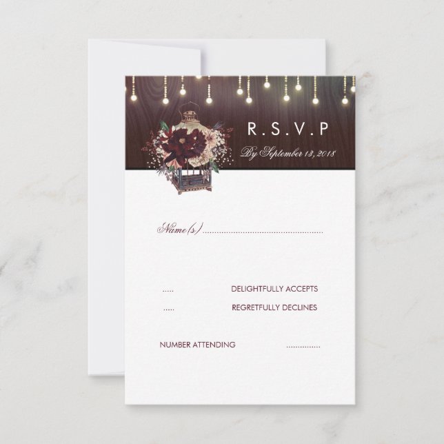 Burgundy Flowers Lanter Rustic Bröllop OSA Card Kort (Framsida)