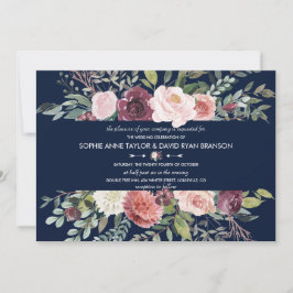Burgundy  Flowers Navy Blue Bröllop Inbjudningar