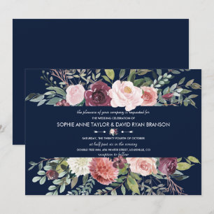Burgundy Flowers Navy Blue Bröllop Inbjudningar