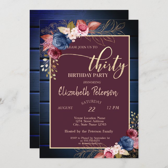 Burgundy Flowers Navy Blue Wood 30års födelsedag Inbjudningar (Fram/baksida)