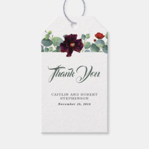 Burgundy Flowers och Eucalyptus Greenery Presentetikett