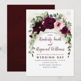 Burgundy Flowers och Greenery Garland Bröllop Inbjudningar