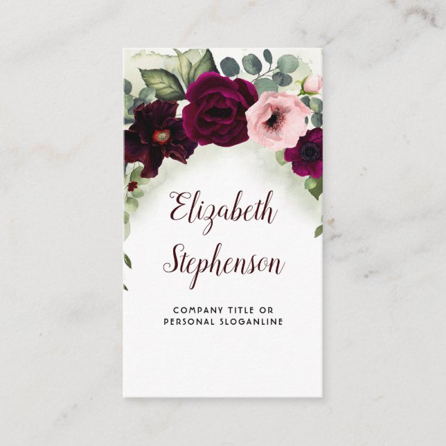 Burgundy Flowers och Greenery Garland Elegant Boho Visitkort (Framsida)