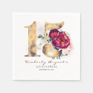 Burgundy Flowers och Guld Typography 15 Birthday Pappersservett