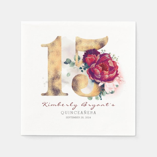 Burgundy Flowers och Guld Typography 15 Birthday Pappersservett (Framsidan)
