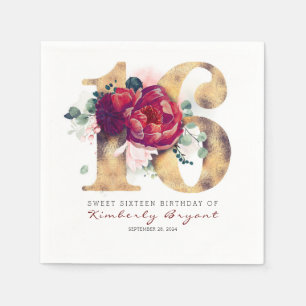 Burgundy Flowers och Guld Typography 16 Birthday Pappersservett
