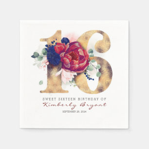 Burgundy Flowers och Guld Typography 16 Birthday Pappersservett