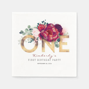 Burgundy Flowers och Guld Typography 1st Birthday Pappersservett