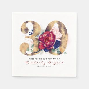 Burgundy Flowers och Guld Typography 30års födelse Pappersservett