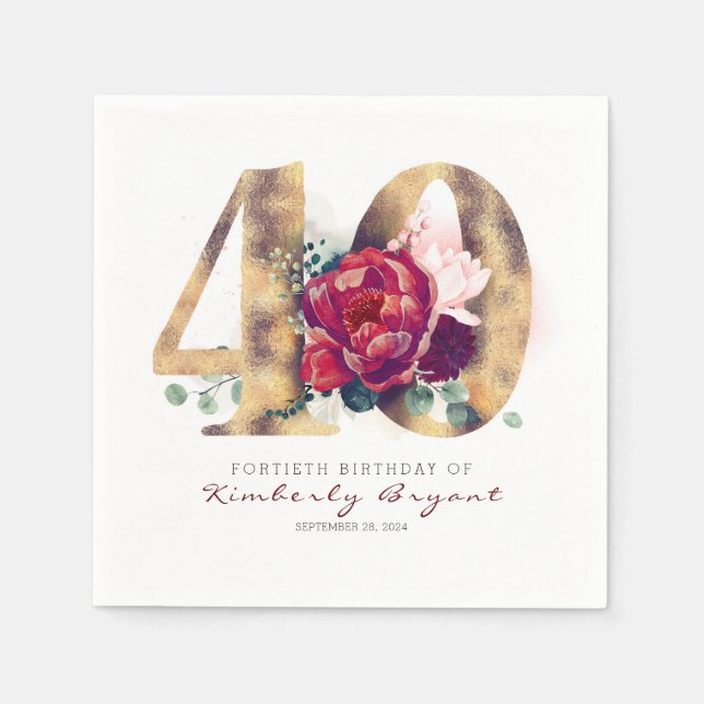 Burgundy Flowers och Guld Typography 40 Birthday Pappersservett (Framsidan)