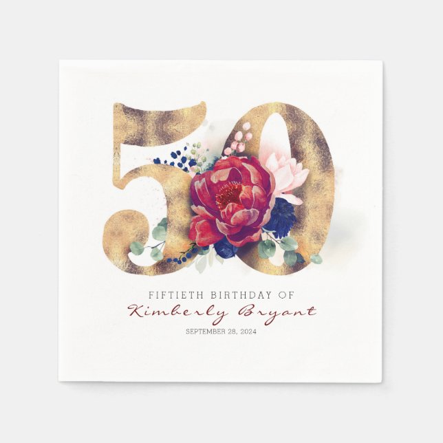 Burgundy Flowers och Guld Typography 50 Birthday Pappersservett (Framsidan)