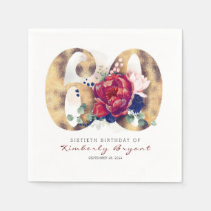 Burgundy Flowers och Guld Typography 60 Birthday Pappersservett