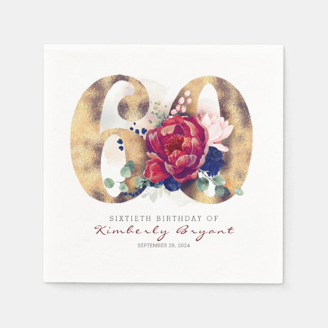 Burgundy Flowers och Guld Typography 60 Birthday Pappersservett (Framsidan)