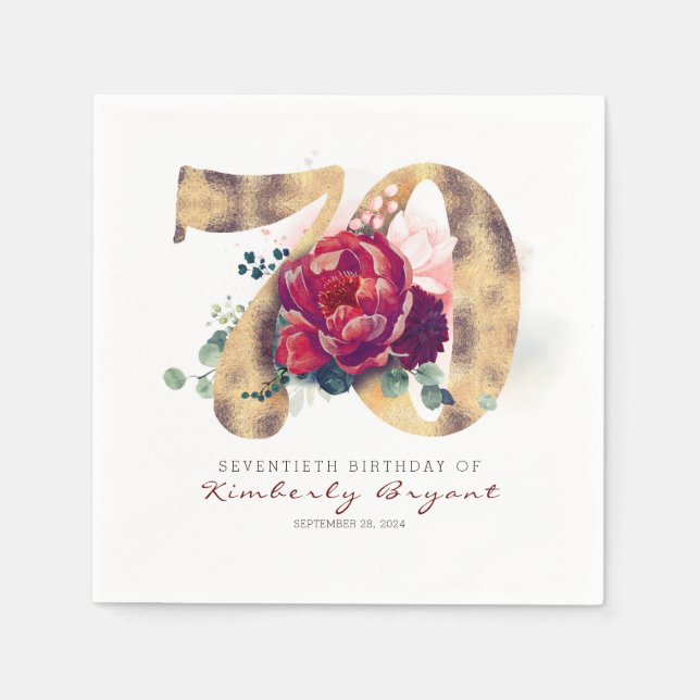 Burgundy Flowers och Guld Typography 70 Birthday Pappersservett (Framsidan)