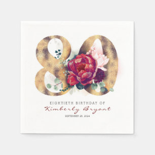 Burgundy Flowers och Guld Typography 80 Birthday Pappersservett