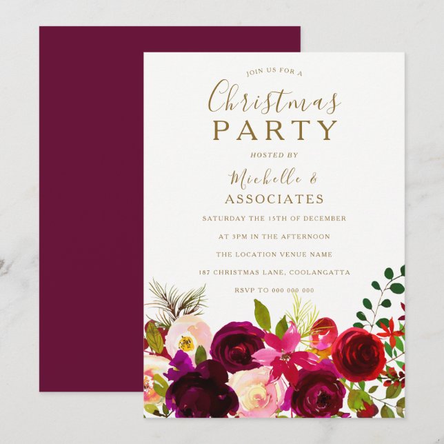 Burgundy Flowers Office Arbetar jul Party Inbjudningar (Fram/baksida)