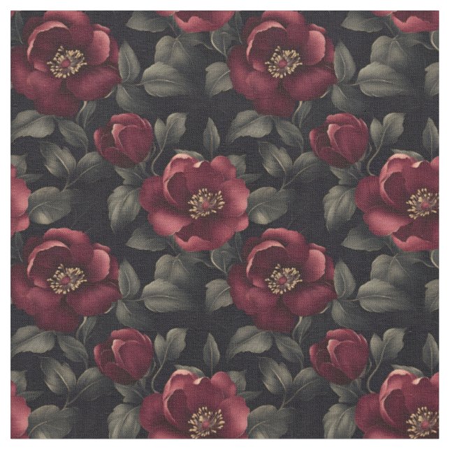Burgundy Flowers on Black Tyg (Närbild)