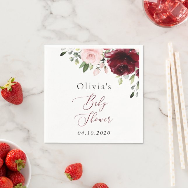 Burgundy Flowers, Pink Flowers, Boho, Baby Shower Pappersservett (Insitu)