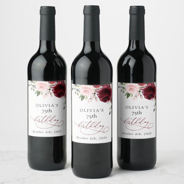 Burgundy Flowers, Pink Flowers, Boho, Birthday Vinflaska Etikett (Flaskor)