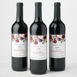 Burgundy Flowers, Pink Flowers, Boho, Birthday Vinflaska Etikett