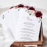 Burgundy Flowers, Pink Flowers, Boho, Wedding Menu<br><div class="desc">Add a personal touch to your wedding celebration with these stylish and memorable party items! Design features burgundy and blush pink watercolor flowers and greenery on white background.</div>