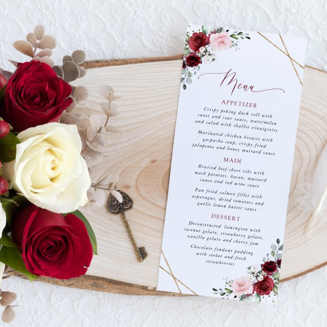 Burgundy Flowers, Pink Flowers, Boho, Wedding Menu Meny (Skapare uppladdad)